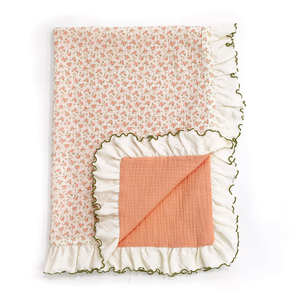 Pink Flower Ruffle Reversible Multi-Layer Gauze Baby Blanket (30"x40") | LOA DAISY