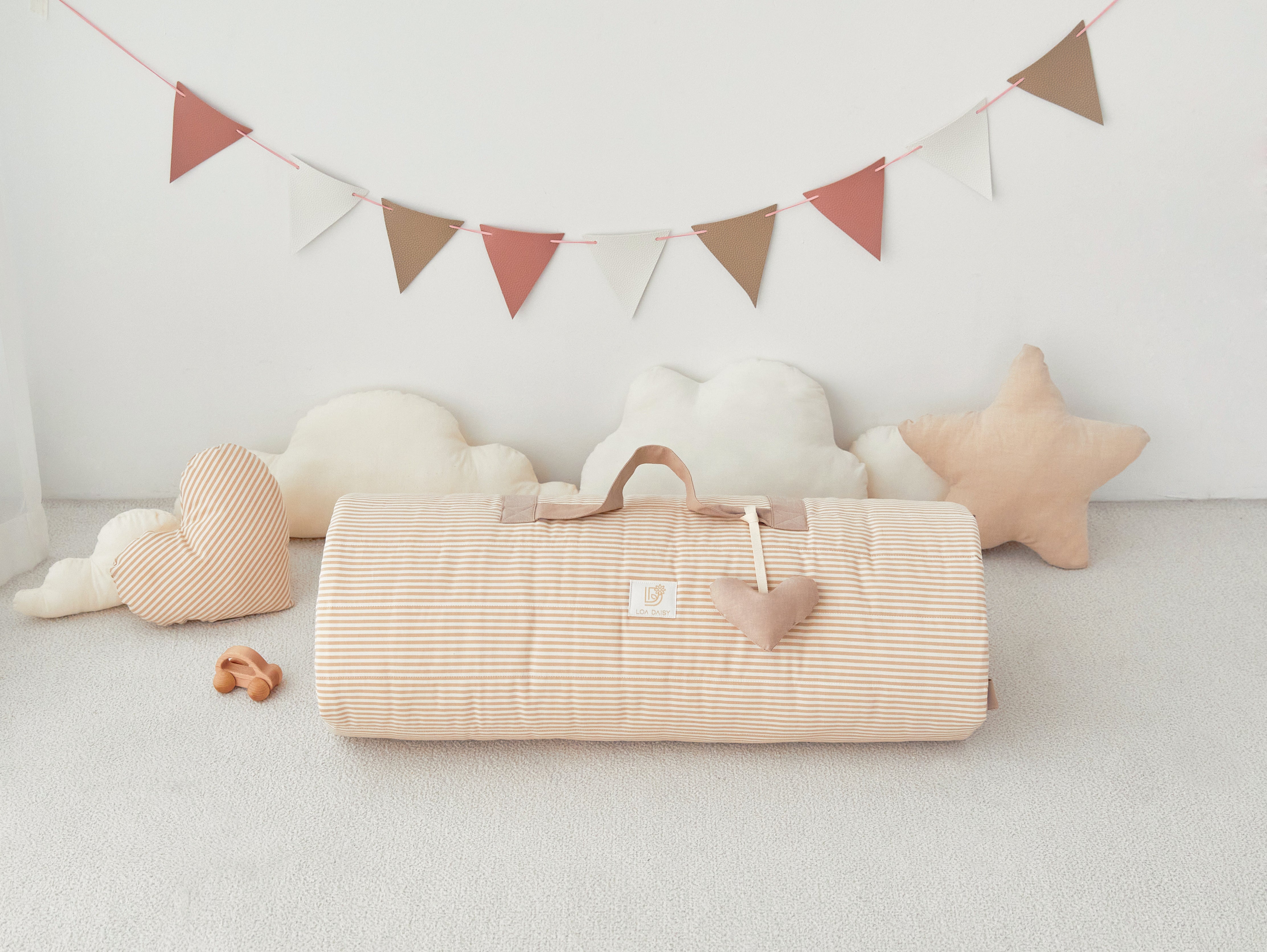 Tan beige Striped Rolled up baby kid's portable Blanket with stuffed heart shaped tan name tag