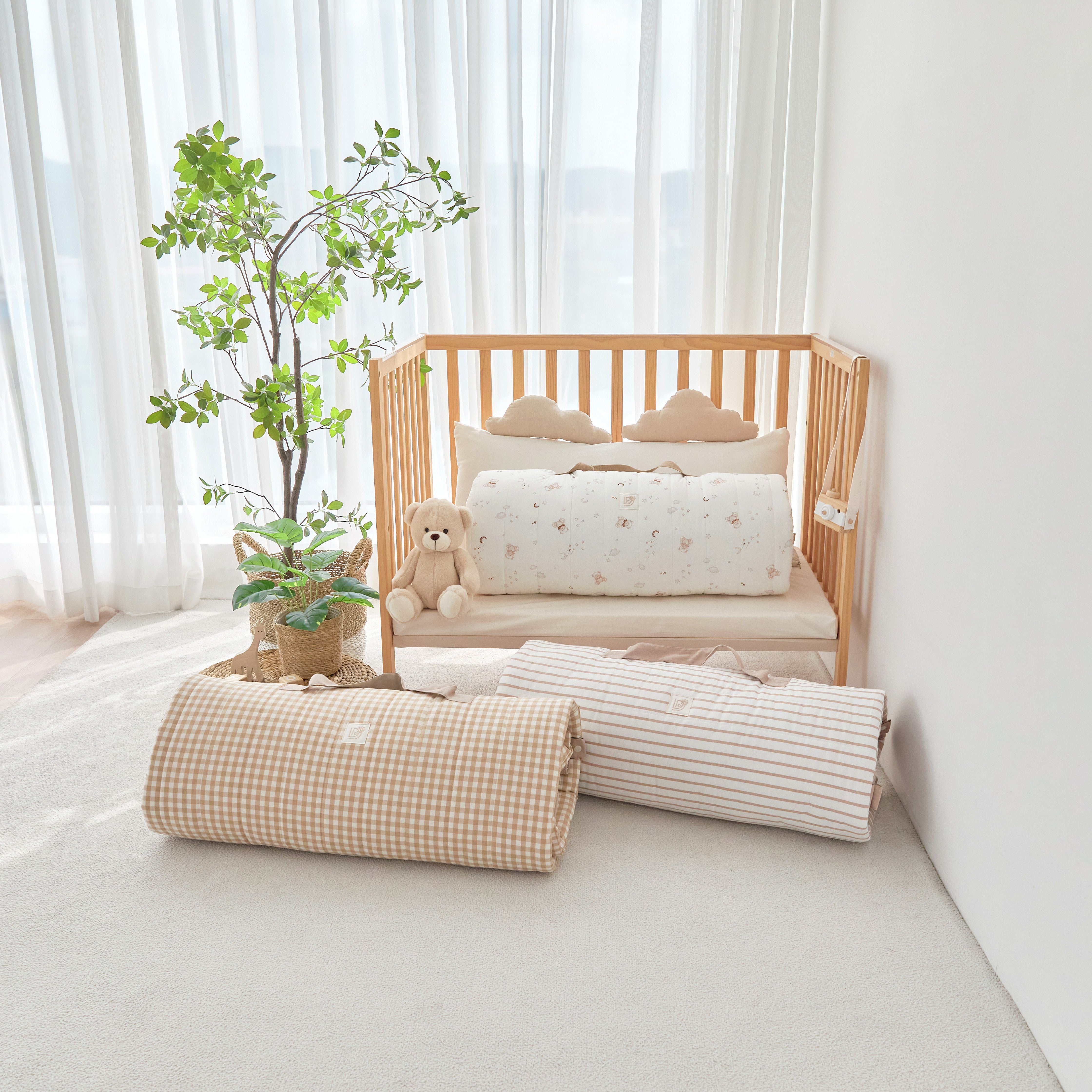 Checkered beige and striped nap blanket for kids