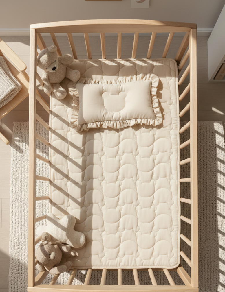 Soft modal cotton Teddy bear quilted crib mat pad beige for infant toddler, reversible back