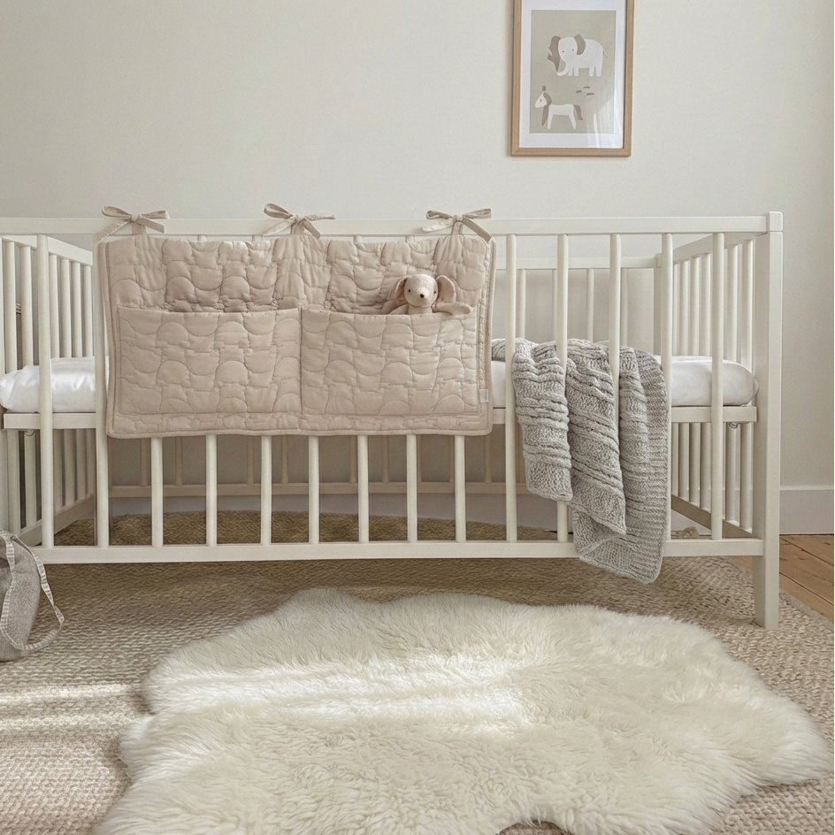 Infant room crib organizer in soft beige modal quilted teddy bear fabric