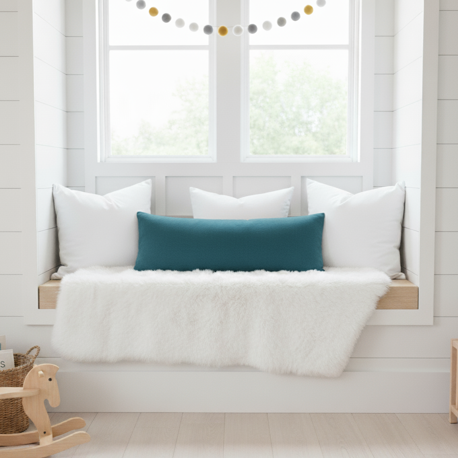 Window seat with white cushions and a slate blue body pillow in a bright nursery room.