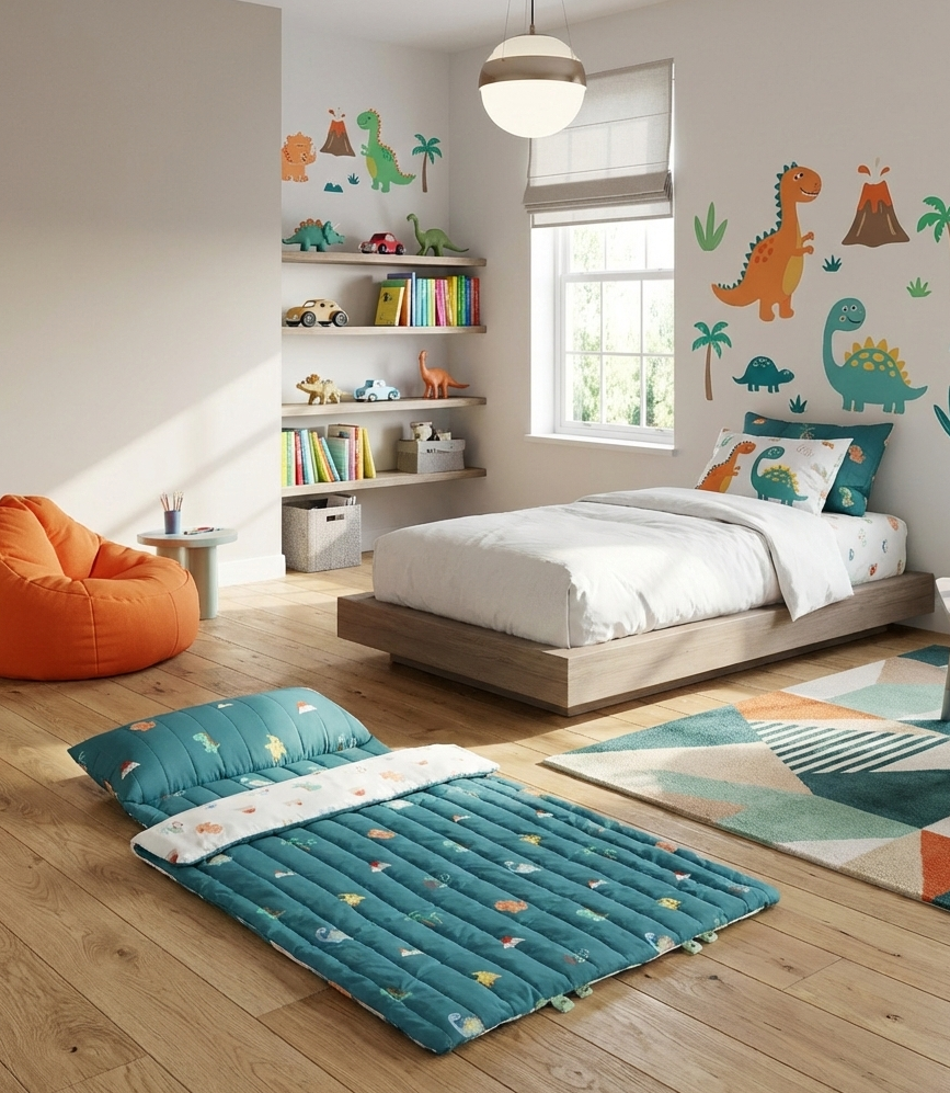 Children's bedroom with dinosaur-themed nap mat blanket