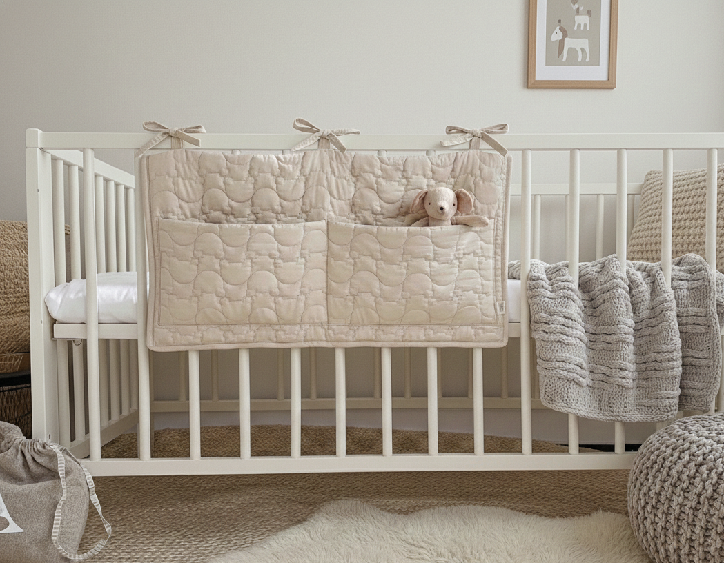 Beige crib organizer with teddy bear quilted pattern and pockets infant room organizer