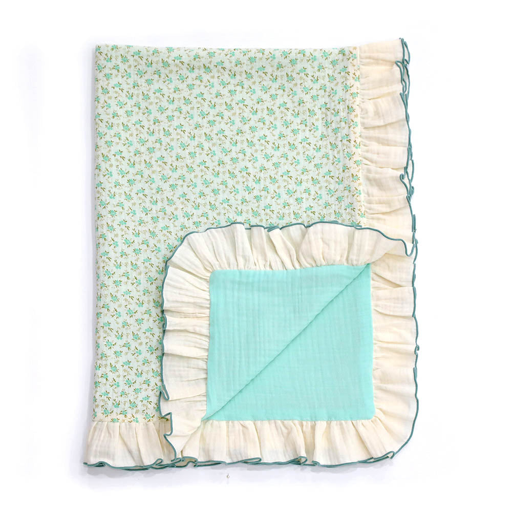 Mint Petite Floral Ruffle Reversible Multi-Layer Gauze Baby Blanket | Optional Personalization