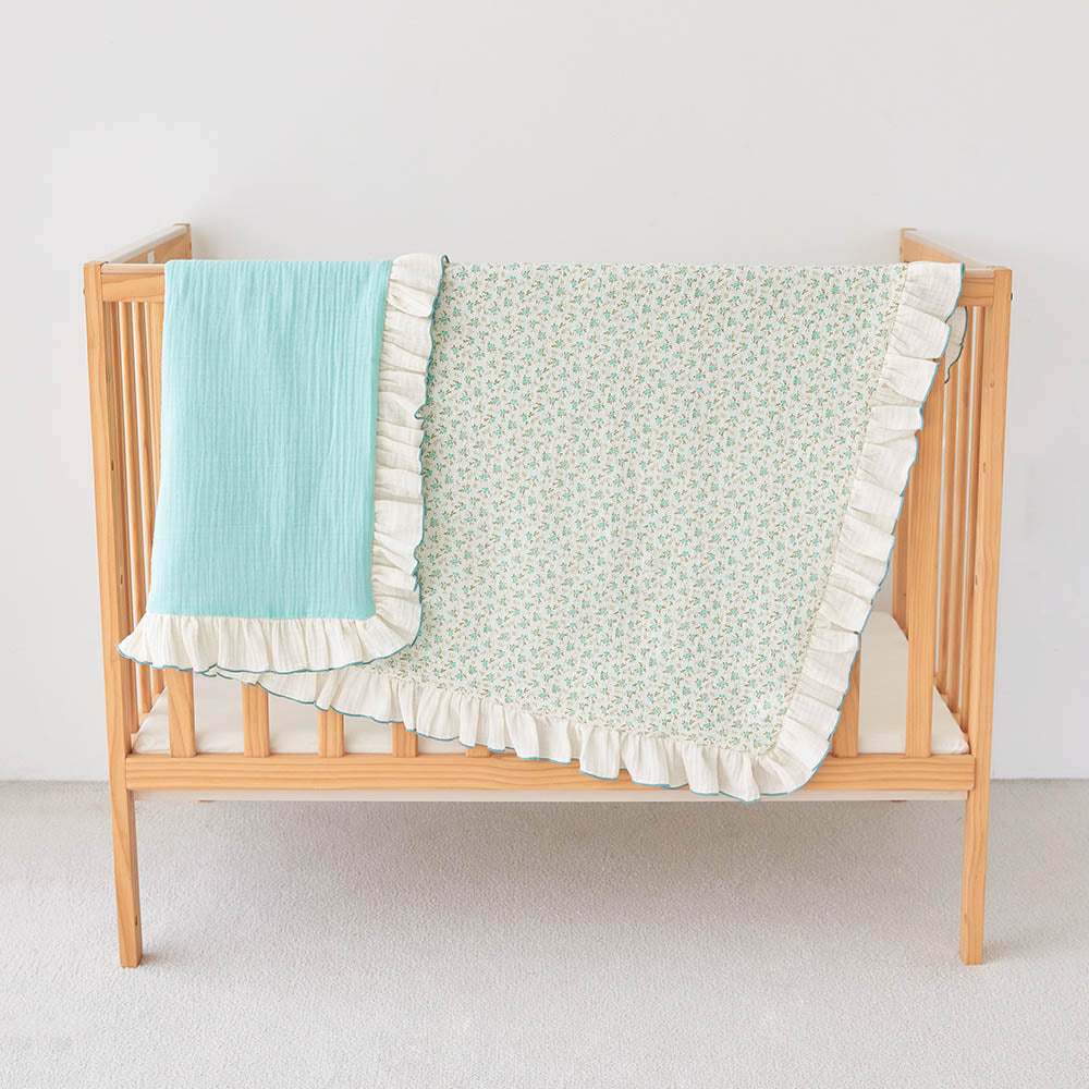 Mint blue trimmed ruffle soft baby stroller gauze blanket