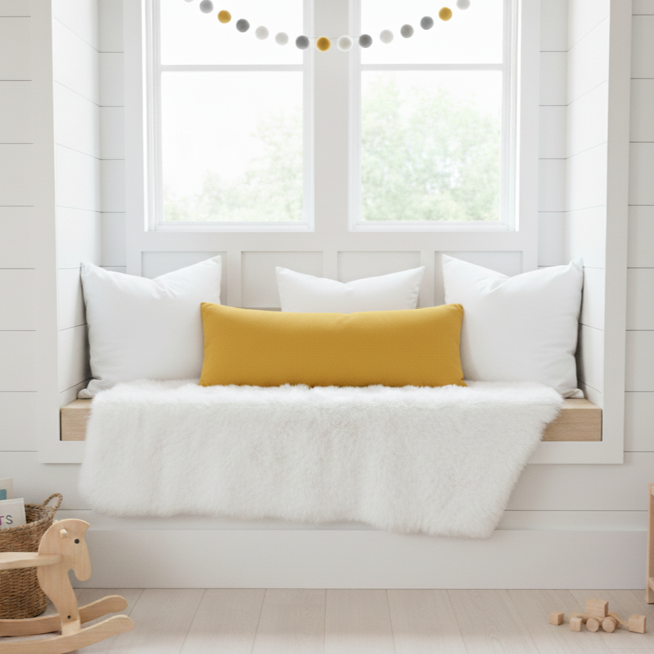 Window seat with white cushions and a yellow long lumbar pillow, wooden toys on the floor.