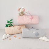 Kid's striped portable nap mat blankets with handles and stuffed toy name tags. Pink stripe, blue stripe, beige stripe back to school gift.