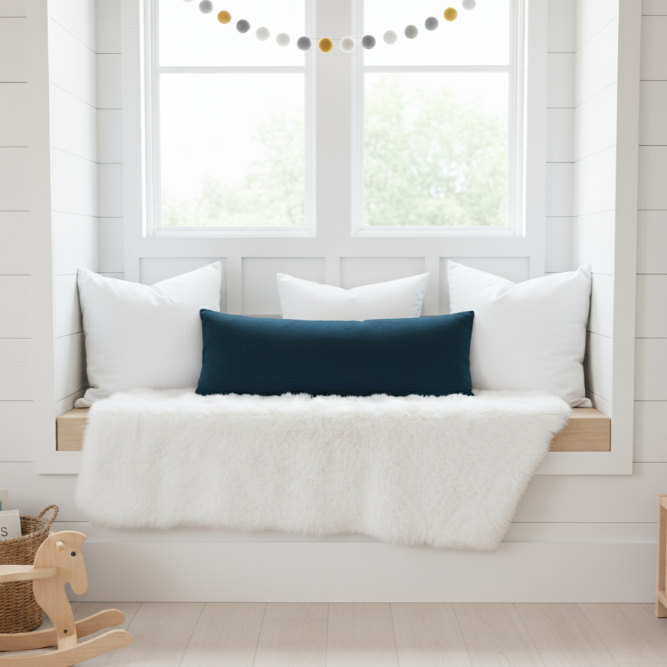 Window seat with white cushions and a navy blue pillow in a boy's room with wooden flooring and a small wooden rocking horse.