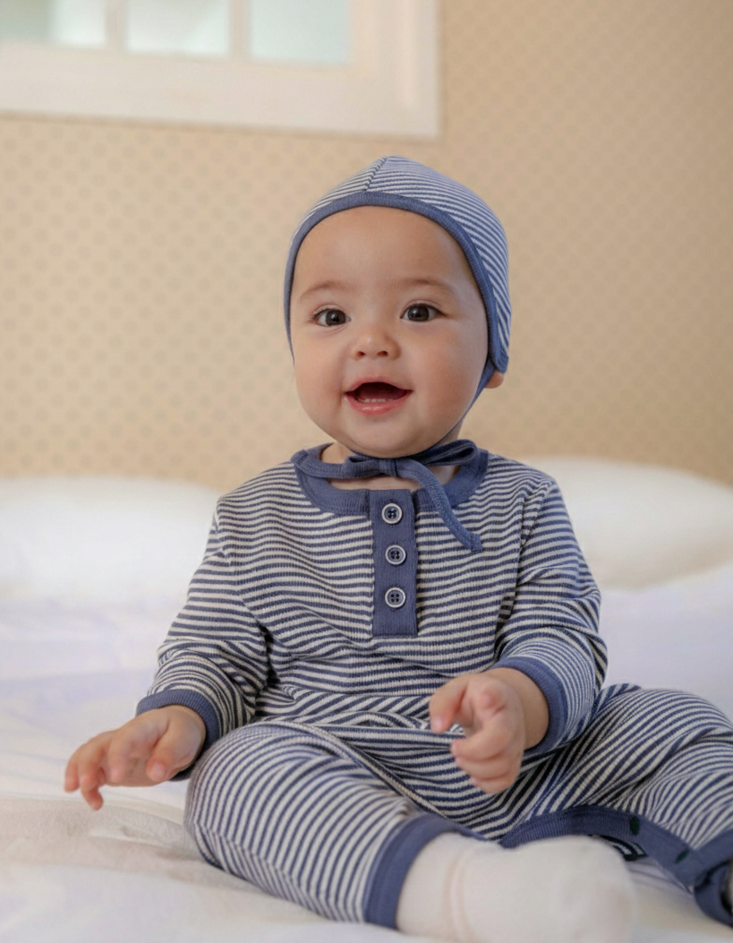 Baby boy wearing a navy blue white striped outfit and hat on a bed