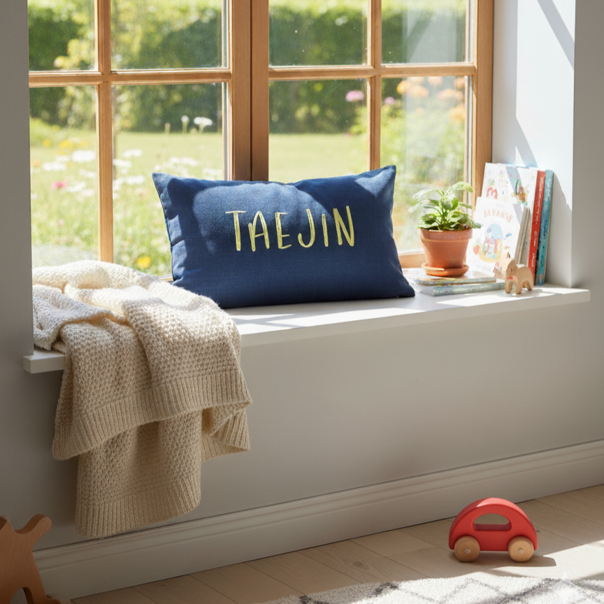 Nursery with a window seat, blue pillow with custom embroidery text, and toys on a wooden floor.