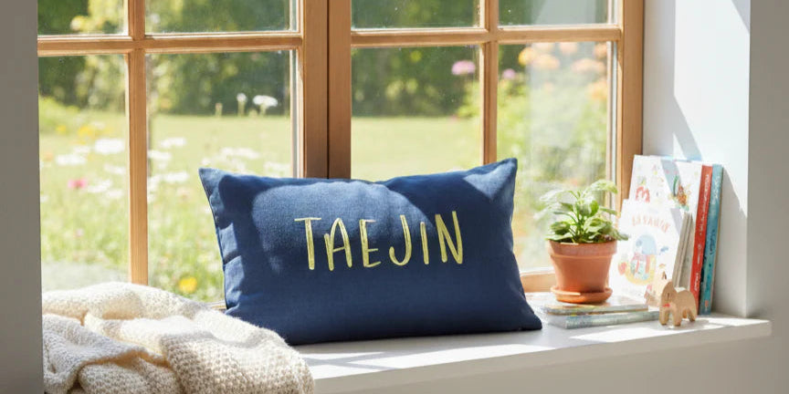 Blue pillow with kid's custom name embroidery on a windowsill with a view of greenery outside.
