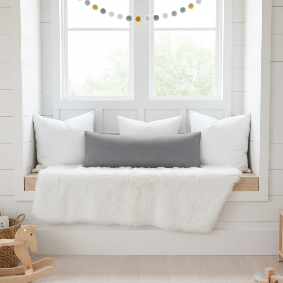 Nursery with a window seat, gray lumbar pillow and white cushions, and wooden toys on a light wood floor.