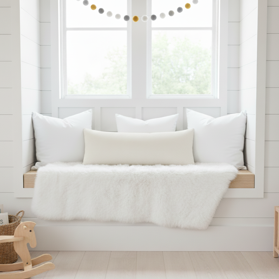 White lumbar body pillow cushion on a wooden bench against a white wall with a window in a nursery kid's room