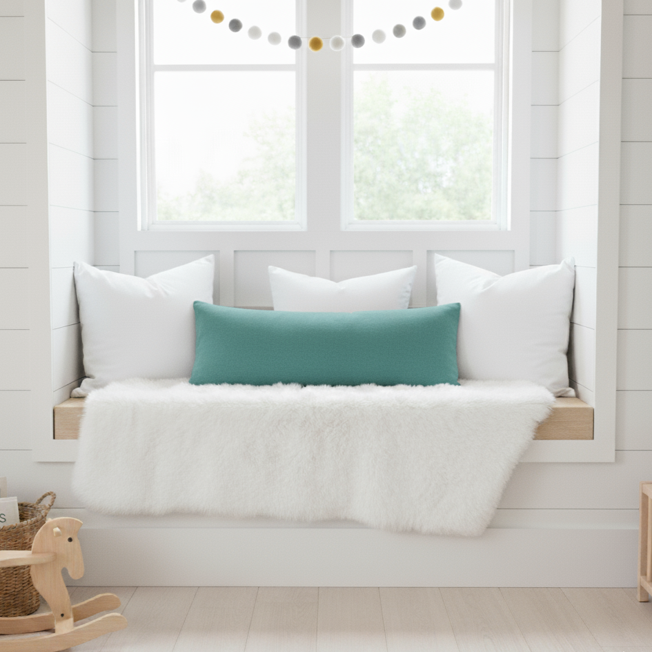 Window seat with white cushions and a powder blue seafoam green lumbar pillow in a bright room.