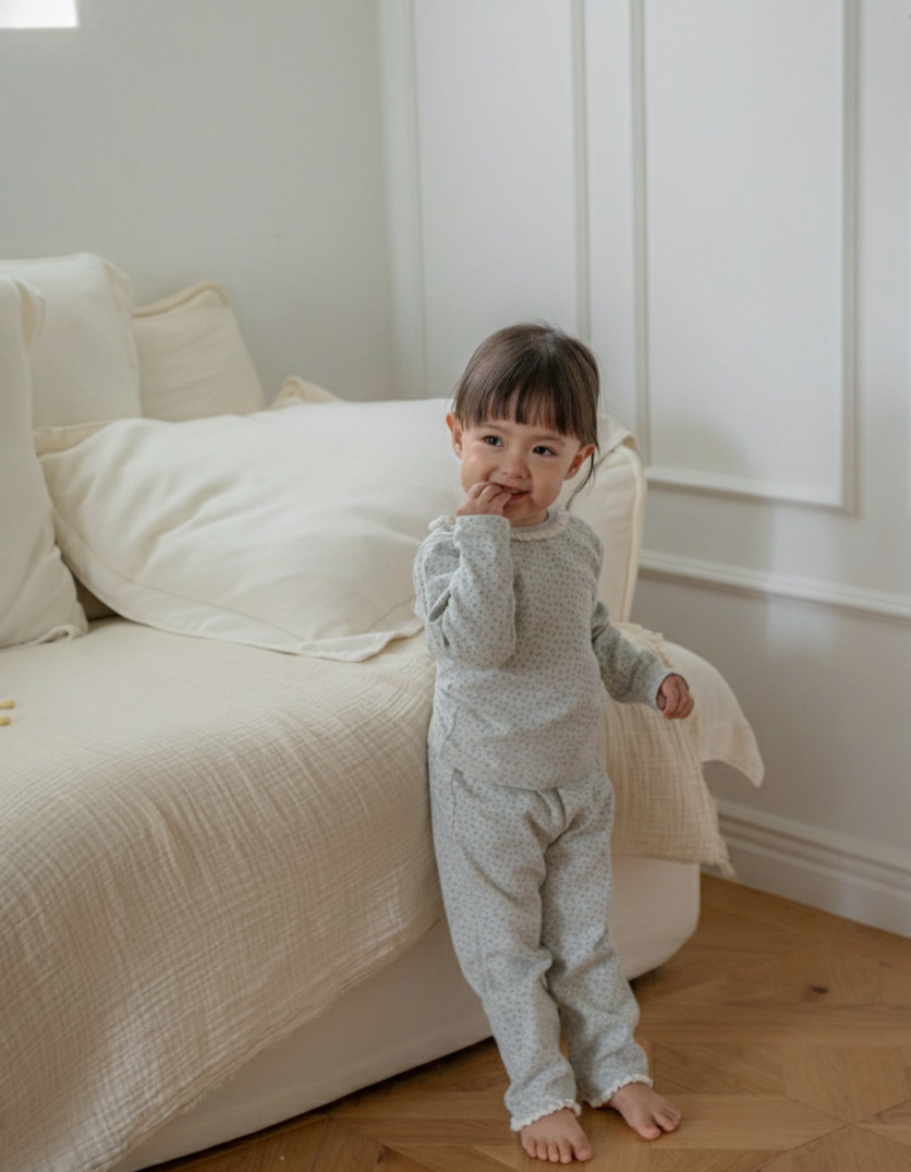 Child in floral printed pajama standing in a room with a white couch and wooden floor.
