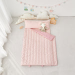 Girl's pink striped portable blanket nap mat with elephant stuffed toy
