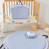 Baby quilted round portable play mat in heart pattern, sky blue and white navy ruffle.