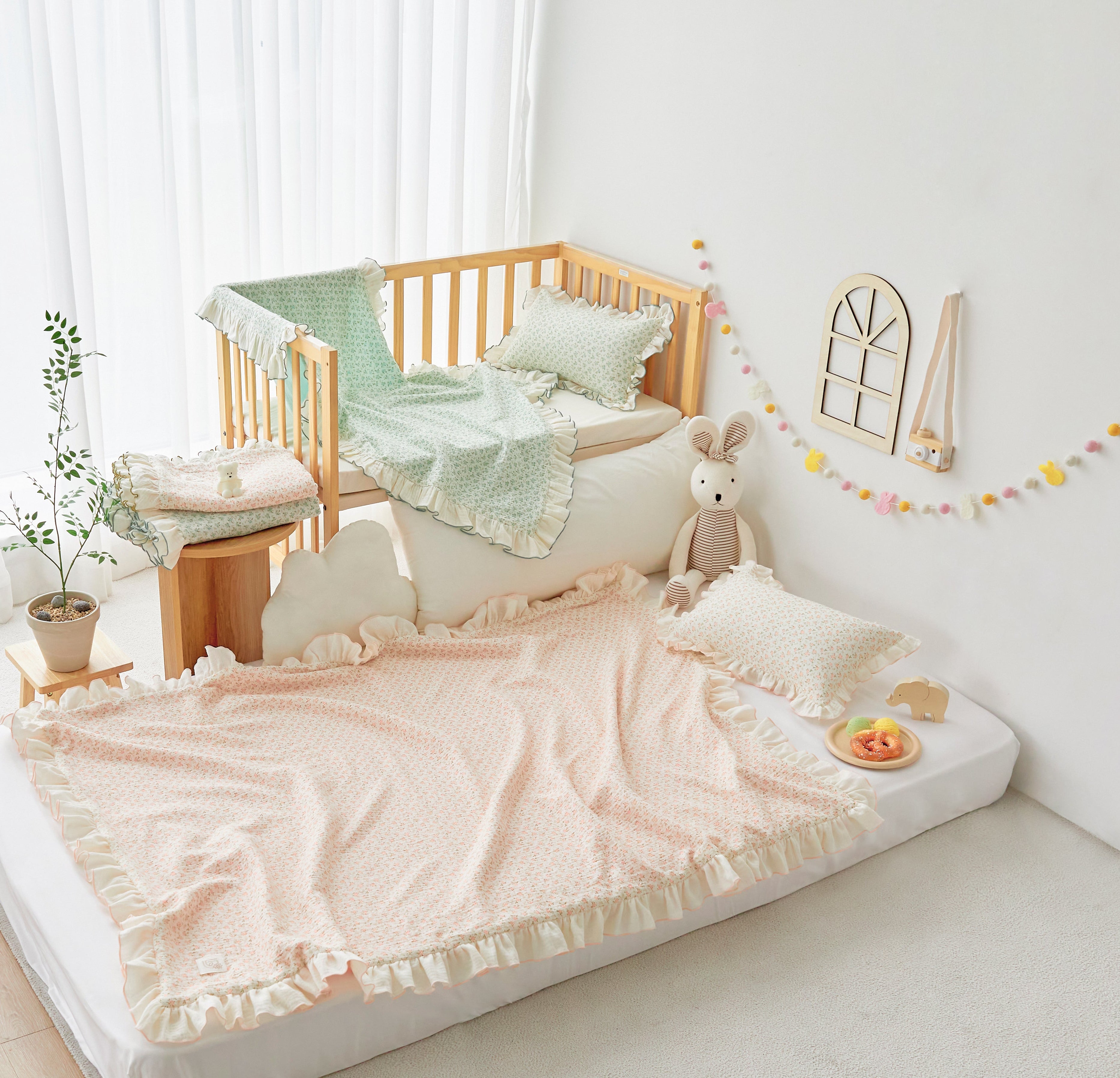 Baby ruffle gauze petit floral blankets in pink and mint 