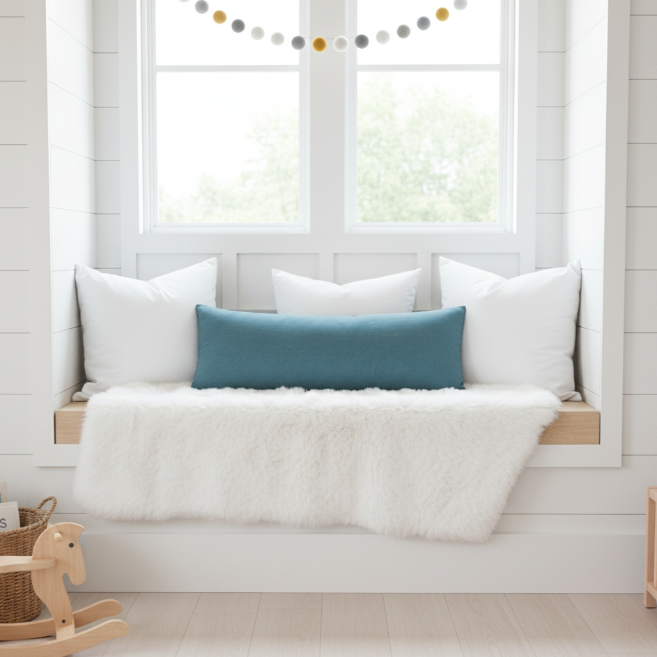Window seat with white cushions and a blue lumbar pillow, wooden rocking horse, and basket in a bright children's room.