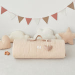 Tan beige Striped Rolled up baby kid's portable Blanket with stuffed heart shaped tan name tag