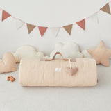 Tan beige Striped Rolled up baby kid's portable Blanket with stuffed heart shaped tan name tag