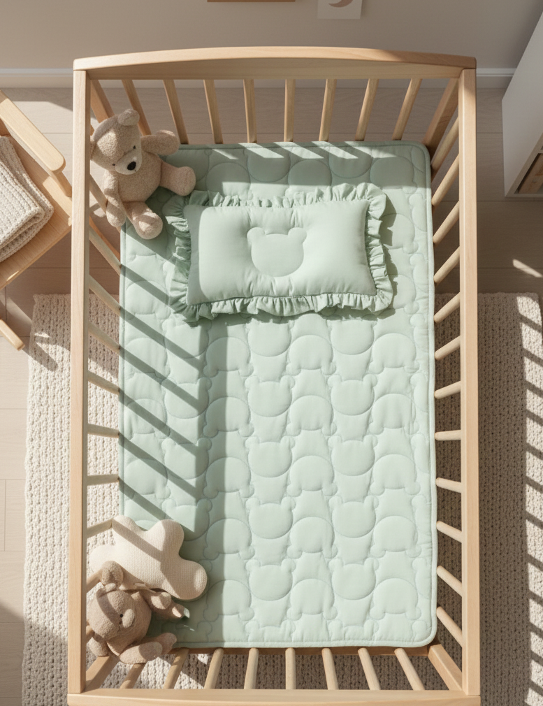 Soft modal cotton Teddy bear quilted crib mat pad mint for infant toddler, reversible back