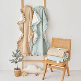 beige and blue gingham cotton ruffle baby stroller blankets