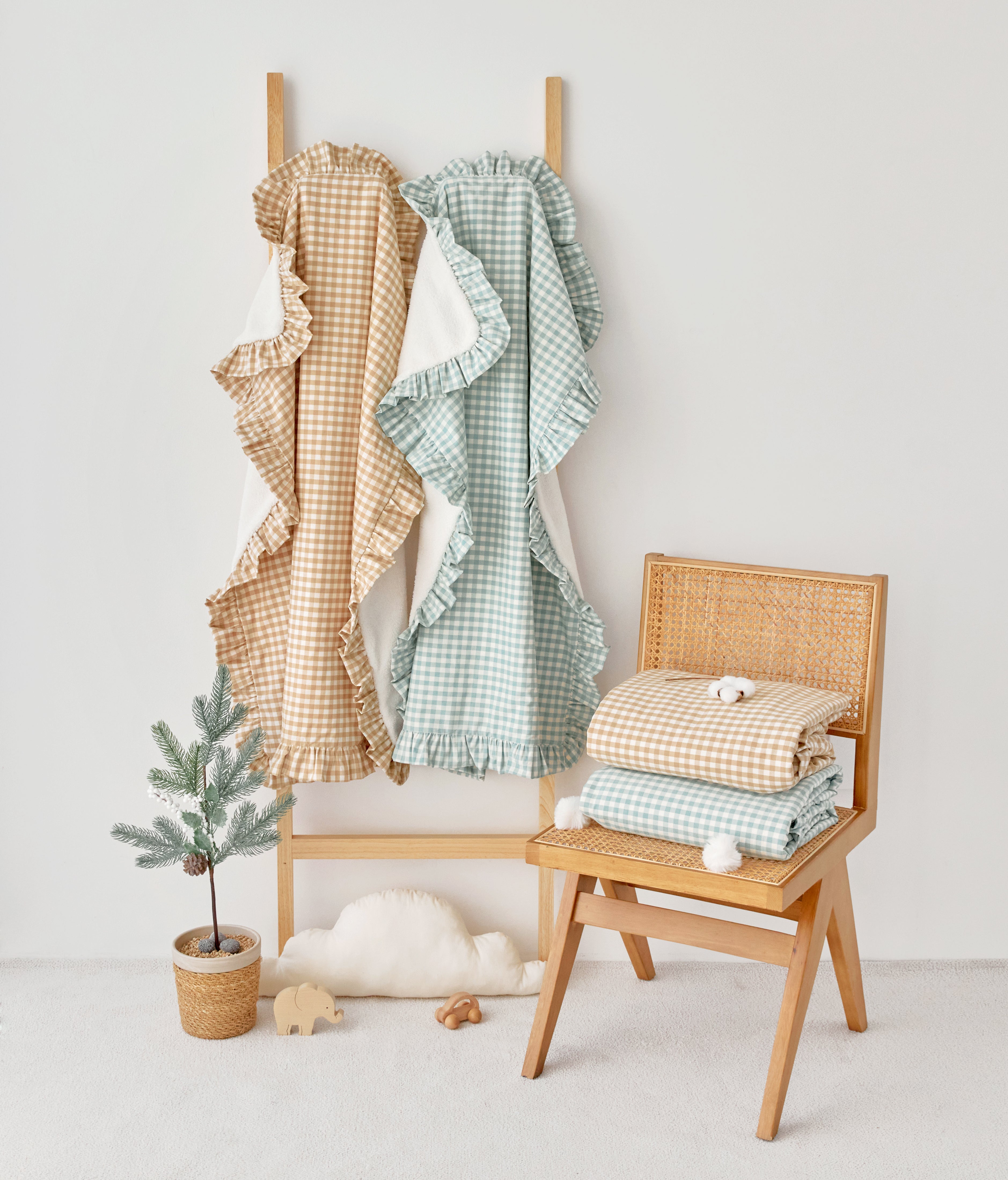 beige and blue gingham cotton ruffle baby stroller blankets
