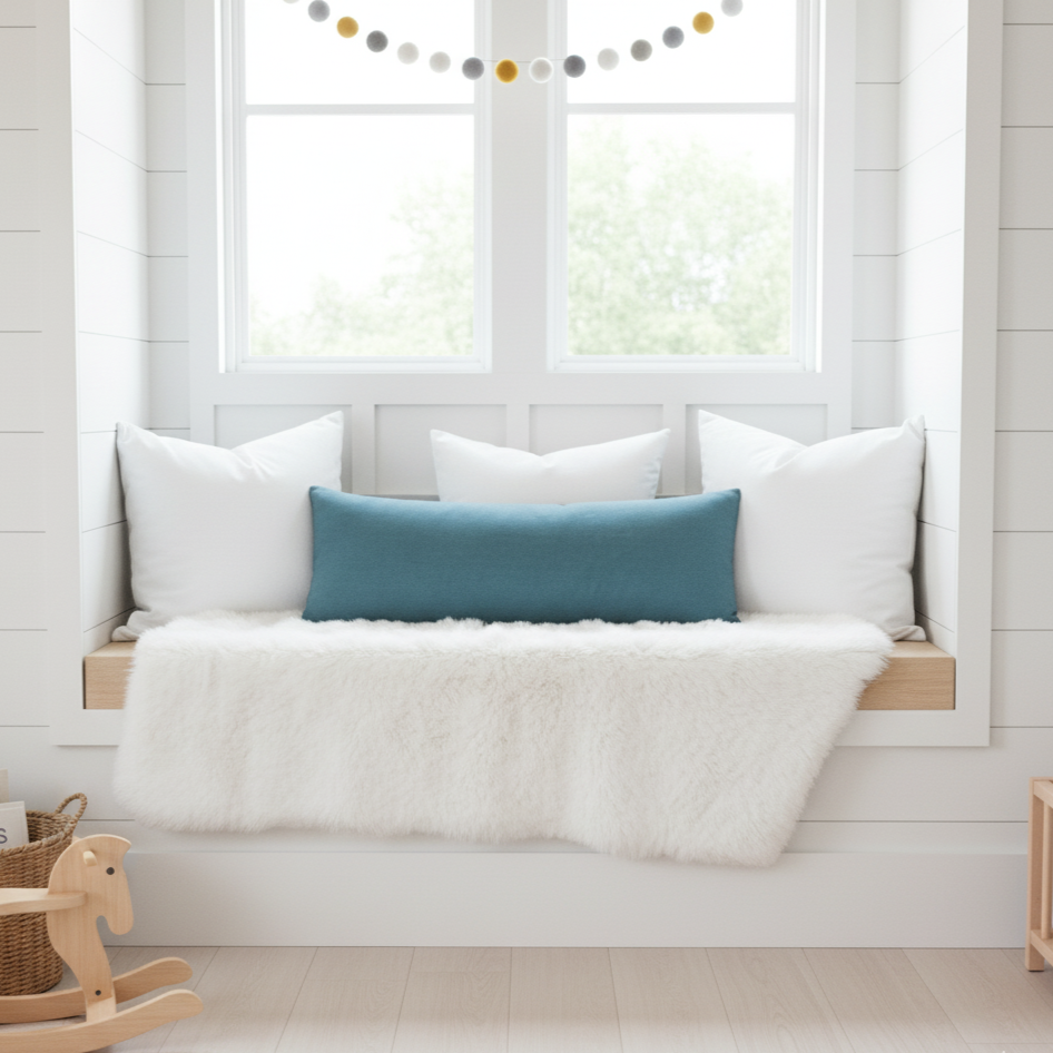 Window seat with white cushions and a long blue bolster body pillow, wooden rocking horse, and basket in a bright room.