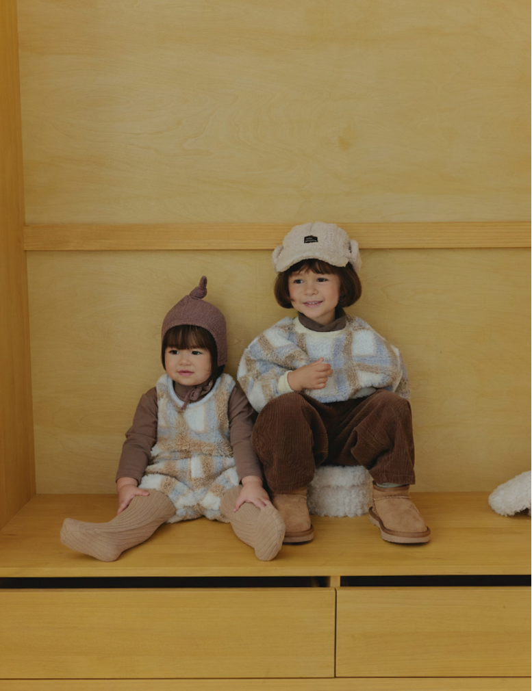 Kids wearing Cloud Dumble Sweater Soft Check in cozy neutral plaid for fall and winter outfits