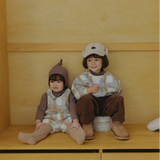 Kids wearing Cloud Dumble Sweater Soft Check in cozy neutral plaid for fall and winter outfits