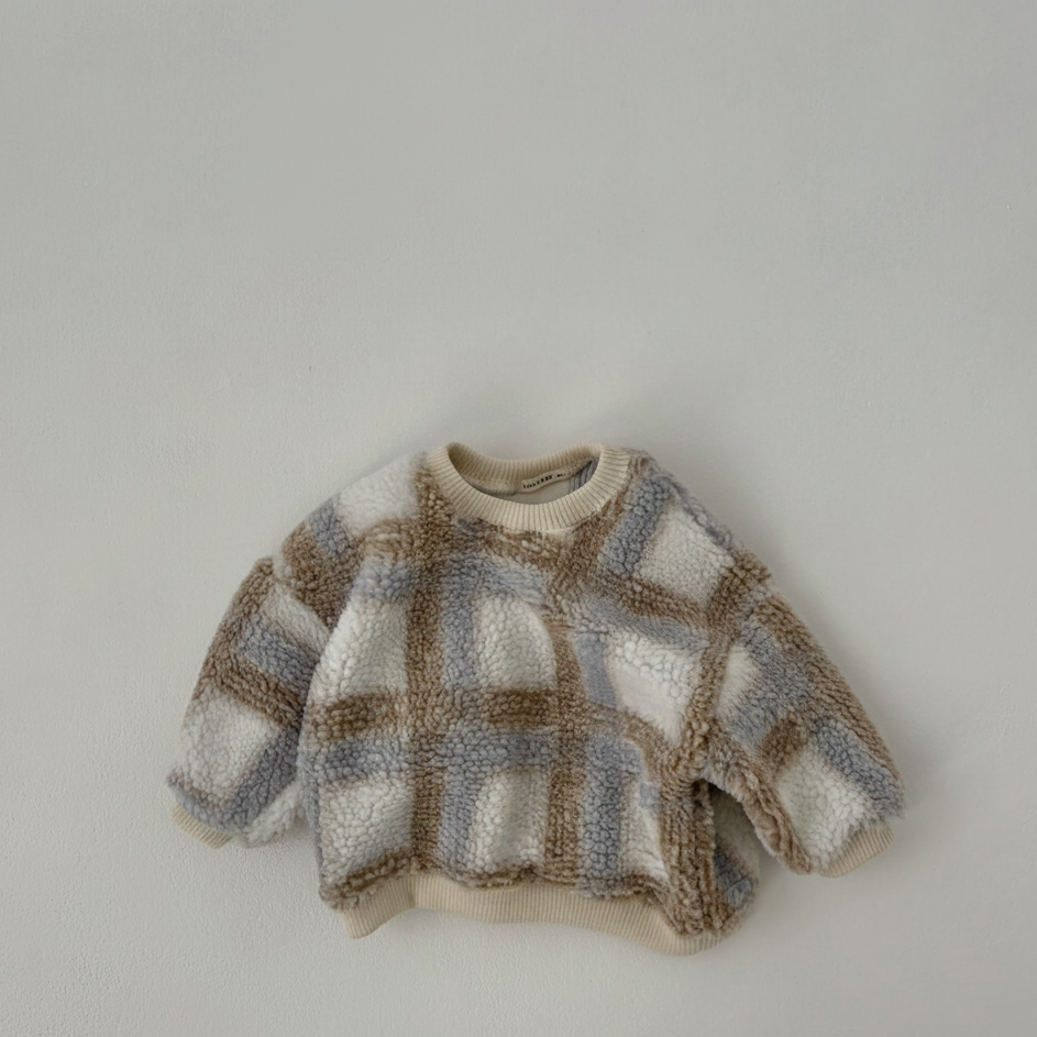 Cloud Dumble Sweater Soft Check baby outfit with bonnet and neutral fall essentials
