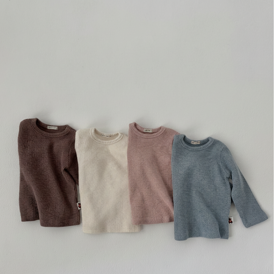 Four Cloud Soft Rib Knit Kids Sweaters in ivory, brown, pink, and light blue by Loa Daisy