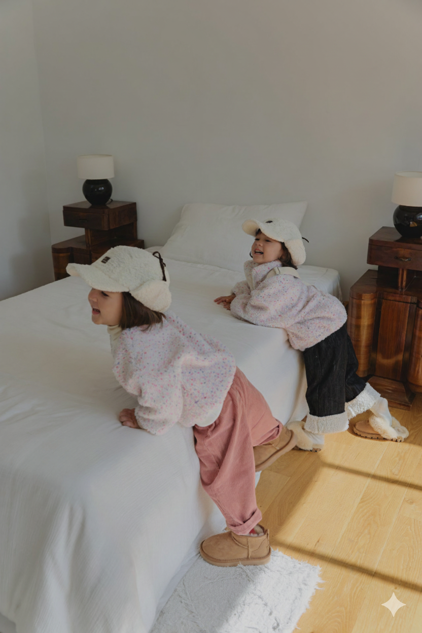 Toddlers wearing Corduroy Comfort Pants Rose Pink and pink purple dotted sweater — cozy holiday winter outfit look