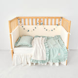 Cozy reversible mint blue gingham stroller blanket with ruffle trim and sherpa backing