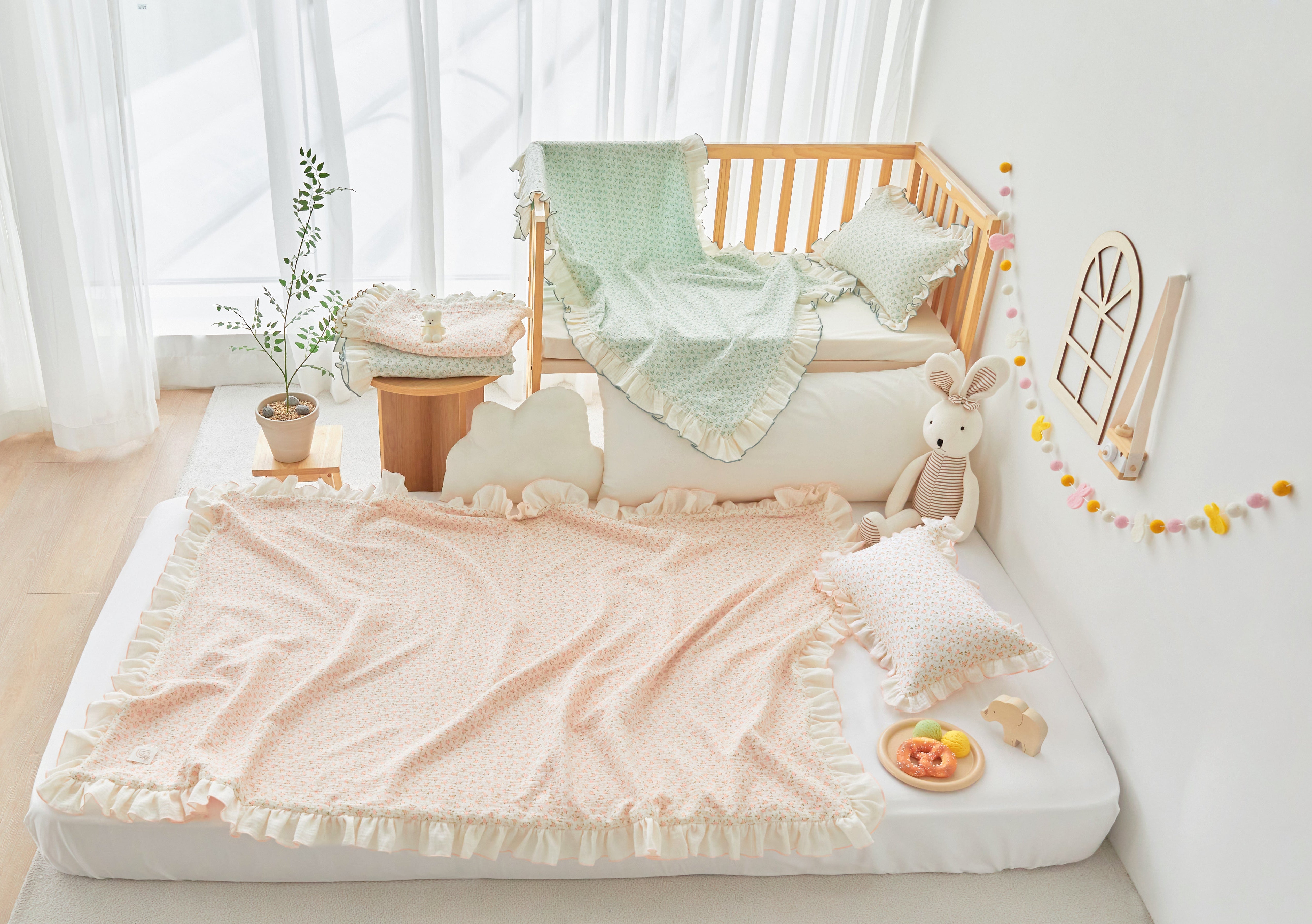 gauze ruffle floral blankets peach pink and mint blue for baby shower gift